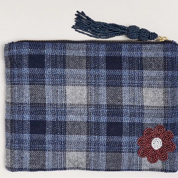 Anthropologie The Fiona Large Beaded Pouch Dark Florals Plaid Flower Bag NWT - Picture 2 of 8